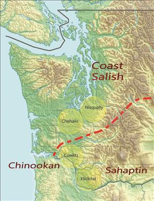Map of Western Washington identifying Nisqually, Chehalis, Cowlitz, and Klickitat cultures, and  Coast Salish, Chinookan, and Sahaptin language groups 
