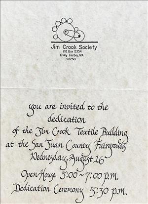"You are invited to the dedication of the Jim Crook Textile Building at the San Juan County Fairgrounds, Wednesday, August 16, 1989 ..."