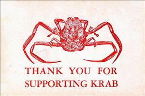 Poster or card with drawing of crab in red and reading "THANK YOU FOR SUPPORTING KRAB"