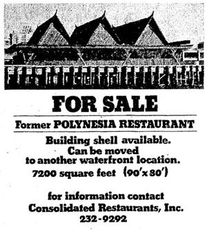 Advertisement for the sale of the Polynesia Restaurant that was printed in The Seattle Times on June 27, 1982
