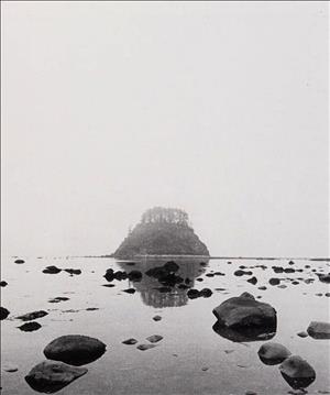 A small, wooded island in the background and a rocky shoreline in the foreground on a foggy day