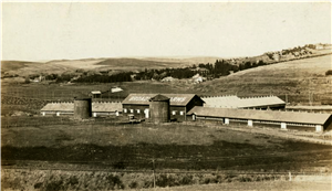 A cluster of farm buildings and silos at the base of sloping hills