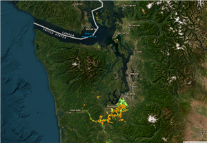 Satellite map of western Washington, with green and yellow highlighting indicating oak distribution, mostly in south Puget Sound (Pierce and Thurston counties) with some small sections on Whidbey and the San Juan islands