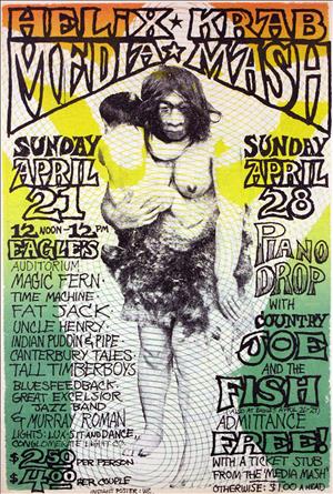 Poster for KRAB-FM and <i>Helix</i> joint fundraiser in 1969. Poster features a picture of what appears to be a Neanderthal woman with one bare breast, carrying an infant