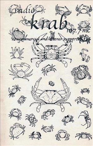 Cover sheet for KRAB-FM program for December 1964 featuring numerous drawing of crabs and reading "Radio KRAB 107.9, non-commercial and listener supported."
