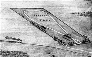 Aerial view drawing of a kite-style horse-racing track shaped like a distorted figure 8 and used mainly for harness racing