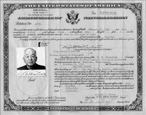 A document with a photograph of a Japanese man surrounded by text and the top of the document says The United States of America