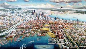 Painting of bird's-eye view of proposed Seattle Commons as viewed from South Lake Union, the view stretching to Mount Rainier at the top left, Capital Hill on the left, Interstate 5 winding through downtown, Elliott Bay on the right, and in the foreground the details of the Commons plan, which was rejected by Seattle voters in 1995.