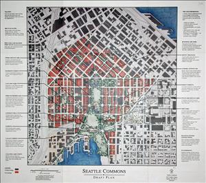 Aerial view, hand-drawn map of street grid and features of the proposed Seattle Commons, which was defeated by voters in 1995. South Lake Union is seen at the bottom, and the boundaries of the proposed commons are visible as a dotted line enclosing blocks and building colored red.