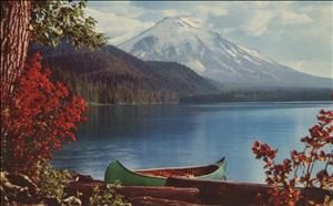 A canoe floats on the shoreline of a large lake with a snow covered volcano and forest in the background