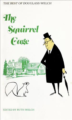 Paperback cover illustration of a man in formal wear, top hat, holding a cane looking down at a squirrel with a Tudor style house in the distance