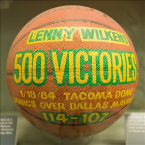 Basketball reading "Lenny Wilkens, 500 victories, 1/18/84 Tacoma Dome, Sonics over Dallas Mavericks, 114-107"