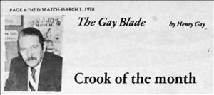 Profile photo of Henry Gay in his "The Gay Blade" series with the column title "Crook of the Month"