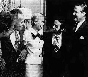 Hans and Thelma Lehmann smiling and laughing with three other people in formal evening wear
