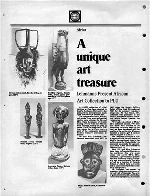 A series of five African artifacts on a page with the headline A Unique Art Treasure, Lehmann Present African Art Collection to PLU