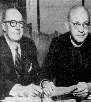 Leffler sitting in clerical garb beside another man a close cropped receding hairline wearing glasses