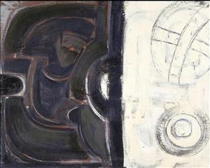 Abstract painting of curving dark lines on the left side and a beige background with dark markings on the right
