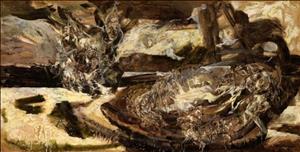 Abstract brown and beige painting of desiccated, organic objects