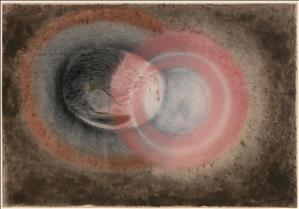 A mink curled inside of a hole inside two overlapping pink and white rings inside of a textured brown space