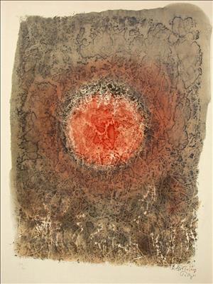 A textured, abstract painting of a red orb in a brown rectangle