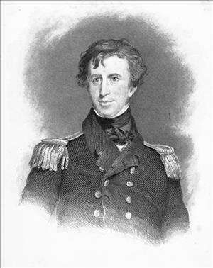 Drawing of a younger Wilkes in military uniform with epaulettes and brass buttons