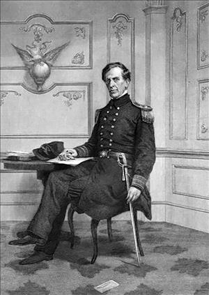 Drawing of a Wilkes in military uniform with epaulettes, brass buttons holding a sword in one hand and resting pen to paper in another, seated in a room with decorative moldings and patterned carpet