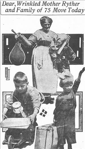 Illustrated newspaper photo collage showing Ryther and two of the orphans as they move to a new facility