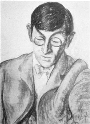 Portrait of Burton James wearing glasses a suit jacket and bow tie with parted hair
