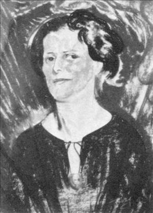 Portrait of Florence James in a dress smiling with an abstract background