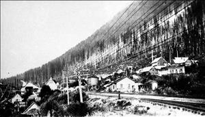 Residential houses and a silo beneath a forested hillside beside railroad tracks and power lines