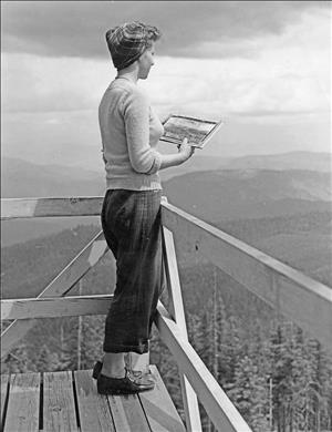 Woman wearing a plaid scarf and sweater holding a topographical illustration looking at the forest below from a simple wooden deck