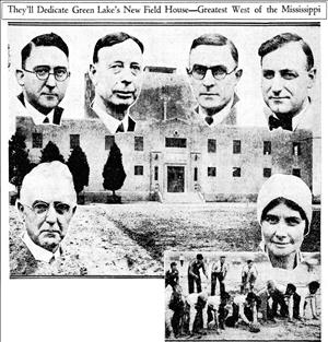 Photo collage of six people's faces around a two story building with a small photo of students playing football in the bottom right side of the frame