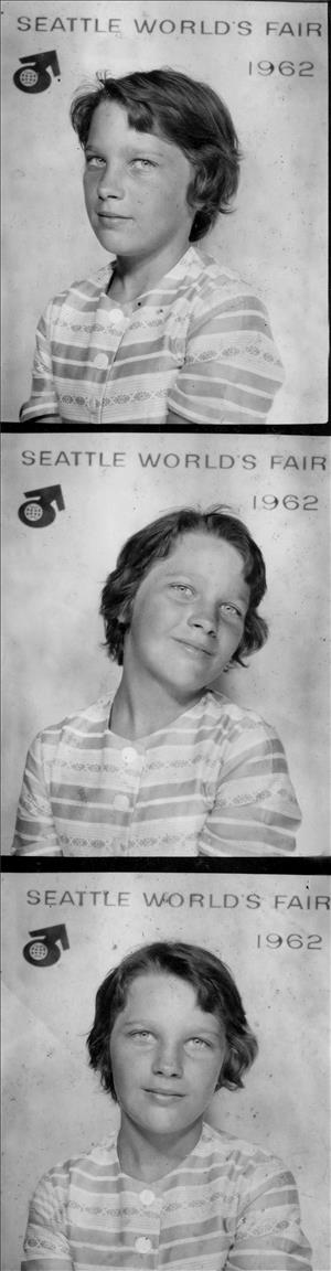 Three black and white portraits of a young white girl with freckles and short hair posing in a photobooth