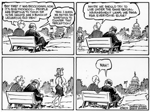 A comic strip with four panels showing two elderly men on a bench in front of the white house. 