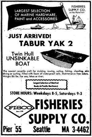 Newspaper advertisement with illustration of boats for the Fisco Fisheries Supply Co. 