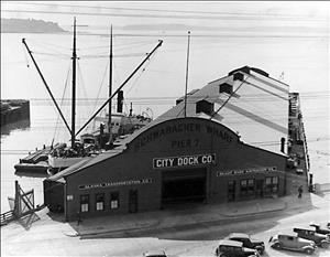 Aerial view of "Schwabacher's Wharf" with sign above entrance reading "City Dock Co."