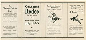 Program with illustrations of person wearing Native American dress riding a horse and person riding a bucking bull, reading "Okanogan Rodeo, the West at Play, Our Colorful Yesterdays retained -- Today's Progress Promoted, Spectacular Show and Tournament of Contests by day, Hi Jinks by night""