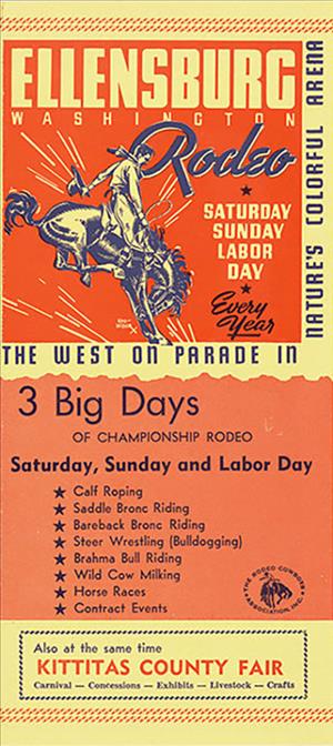 Yellow and red program reading "Ellensburg Washington rodeo, Saturday Sunday Labor Day, Nature's Colorful Arena"
