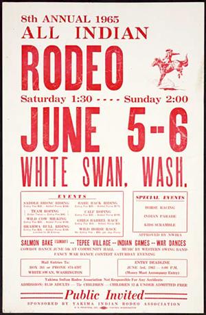 Poster in red ink with an illustration of a cowboy on a bucking horse, reading "8th Annual1965 All Indian Rodeo... salmon bake, teepee village, Indian games, war dances"