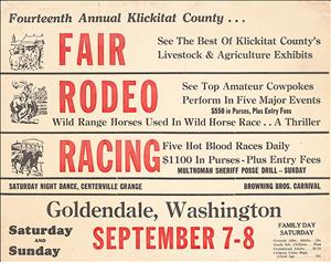 Poster with illustrations of livestock, bronco riding and horse racing reading, "Fourteenth annual Klickitat County fair, rodeo, racing"