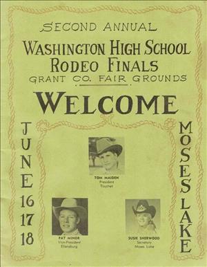 Poster on a green background with illustrated rope borders and pictures of three young adults in cowboy hats reading "Second annual Washington High School Rodeo Finals"