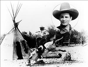 Photo collage of Canutt in cowboy hat and scarf smiling above a photo of the stunt man jumping from a falling horse in front of a conical tent