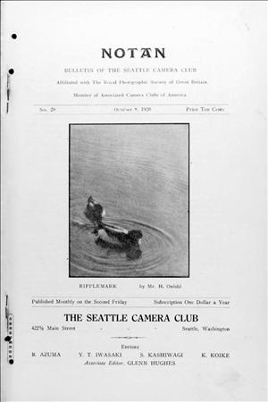 Front page of a magazine with a picture of two ducks on the cover titled "Ripplemark" by Mr. H. Onishi. The text reads "Notan, Bulletin of the Seattle Camera Club, Editors R. Azuma, Y.T. Iwasaki, S. Kashiwagi and K. Koike"