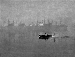 A small rowboat drifting through the water in front a row of large ships shrouded in fog