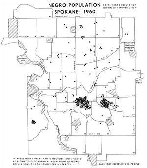 Map with dots representing where Black people live with the headline "Negro Population, Spokane: 1960"