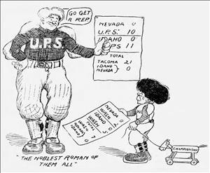 Cartoon of a man in a football uniform with the letters U.P.S. pointing towards a score card and telling a diminutive figure with the letter W. on his uniform "Go get a Rep," above the caption "The Noblest Roman of them all"