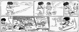 Cartoon consisting of a series of six panels where the University of Washington Football team is represented by a hunter looking for "easy meat" in the form of the University of Puget Sound but winds up getting scared by the team's victories and running back to Seattle