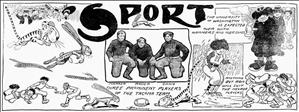 Cartoon spread depicting the University of Puget Sound team as a tiger and University of Nevada as a rabbit featuring a photo collage of UPS players Marker, Rader and Craig above the headline "Three Prominent Players of the Tacoma Team"